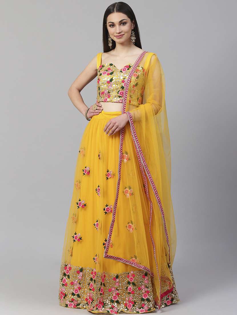 mustard net flared lehenga
