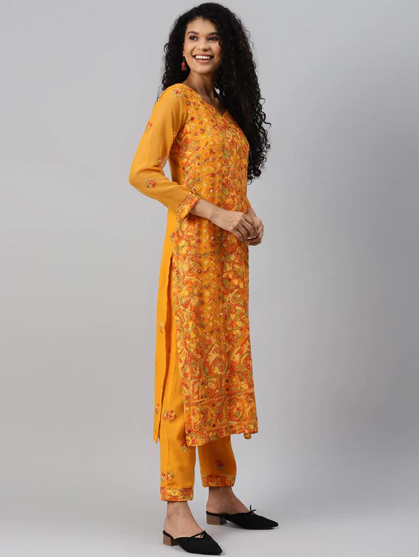 ada hand-embroidered mustard unstitched suit - 17797451 -  Standard Image - 1
