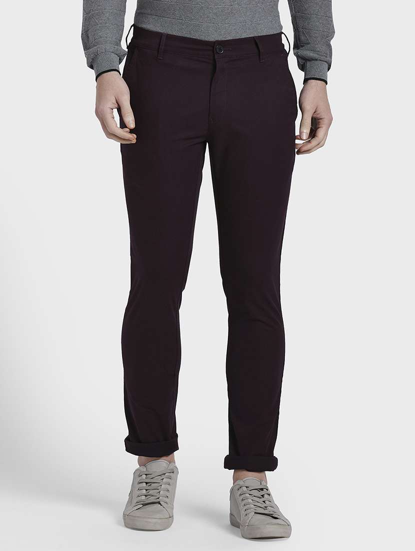 purple solid flat front casual trouser