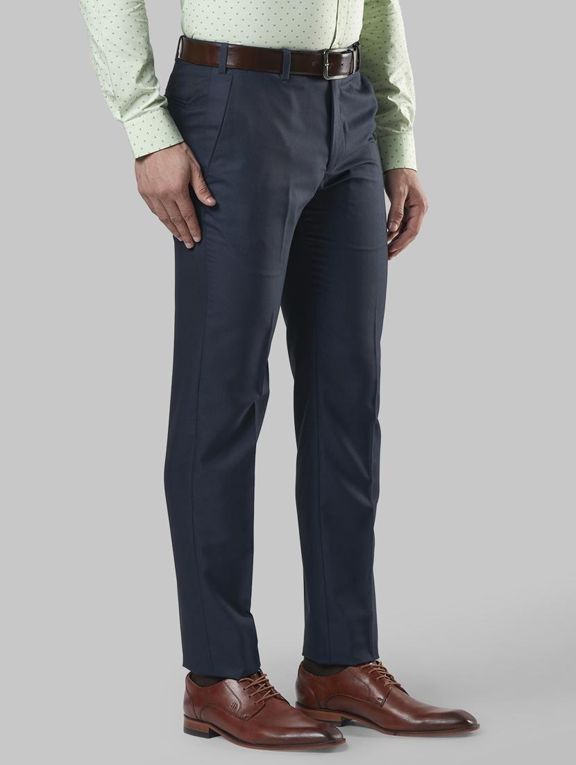 navy blue textured flat front formal trouser - 17799455 -  Standard Image - 1