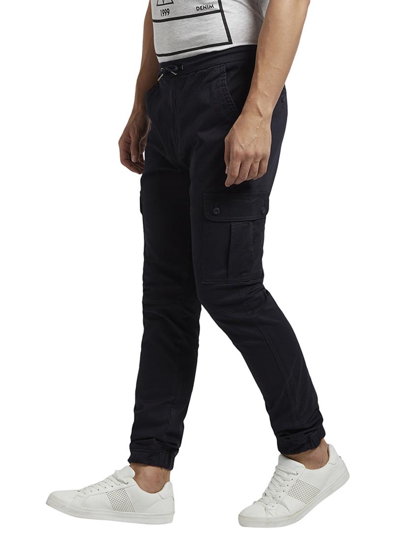 navy blue solid flat front casual trouser with drawstring - 17799535 - Standard Image - 1