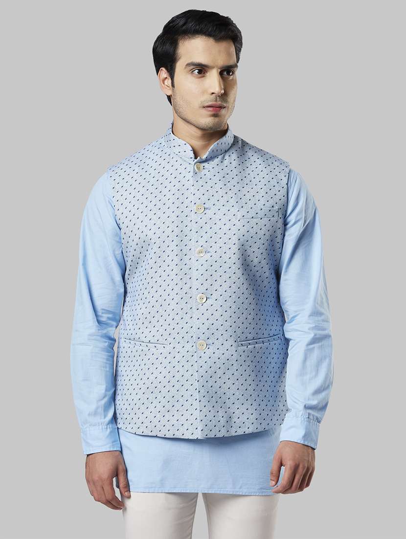 blue self design nehru jacket