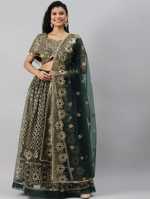 bottle green net flared lehenga - 17805990 -  Standard Image - 0
