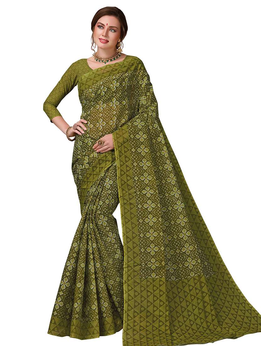 women's printed olive colored saree with blouse