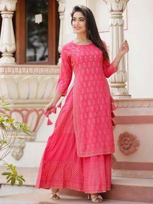 three secondz -fashion-stylish-light-pink-cotton-gold-printed-gown-kurti. - 17814039 - Standard Image - 1