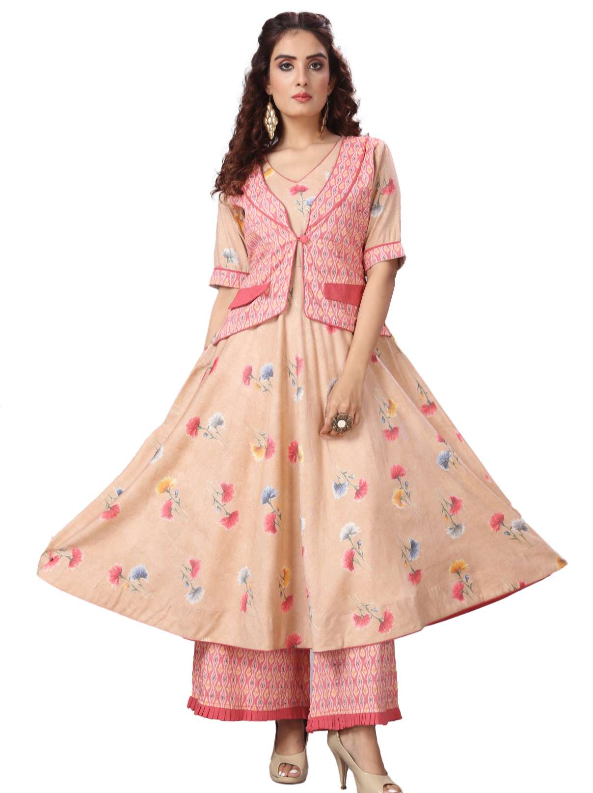 pink floral printed short sleeves flared kurta