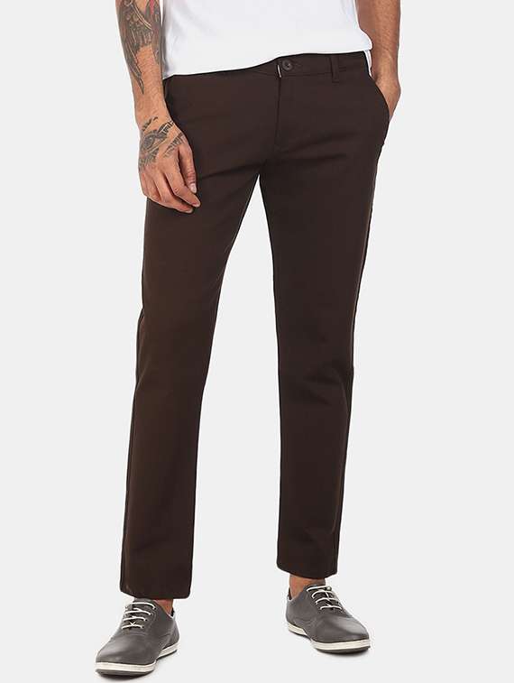 brown solid flat front casual trouser