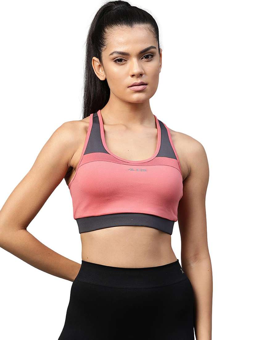 pink color block sports bra