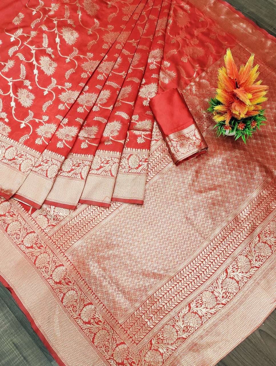 all over jal red saree with  - 17822085 -  Standard Image - 1