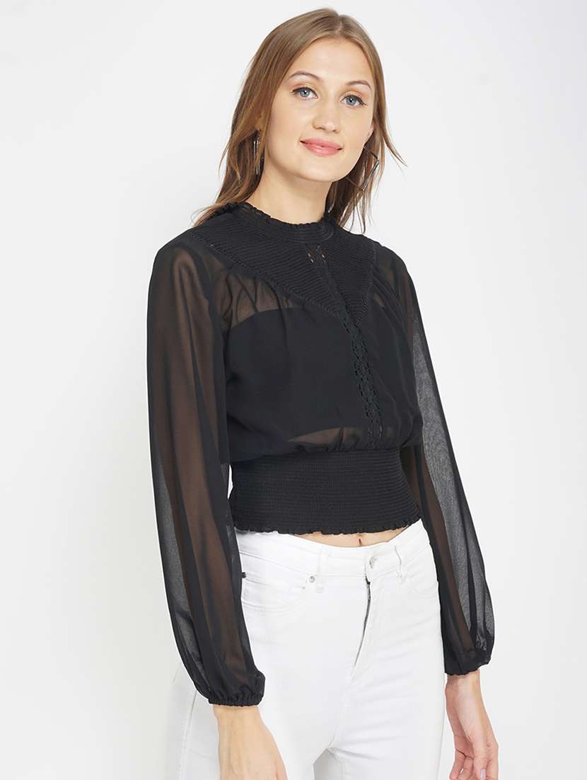 mock neck laced blouson top  - 17822278 -  Standard Image - 1