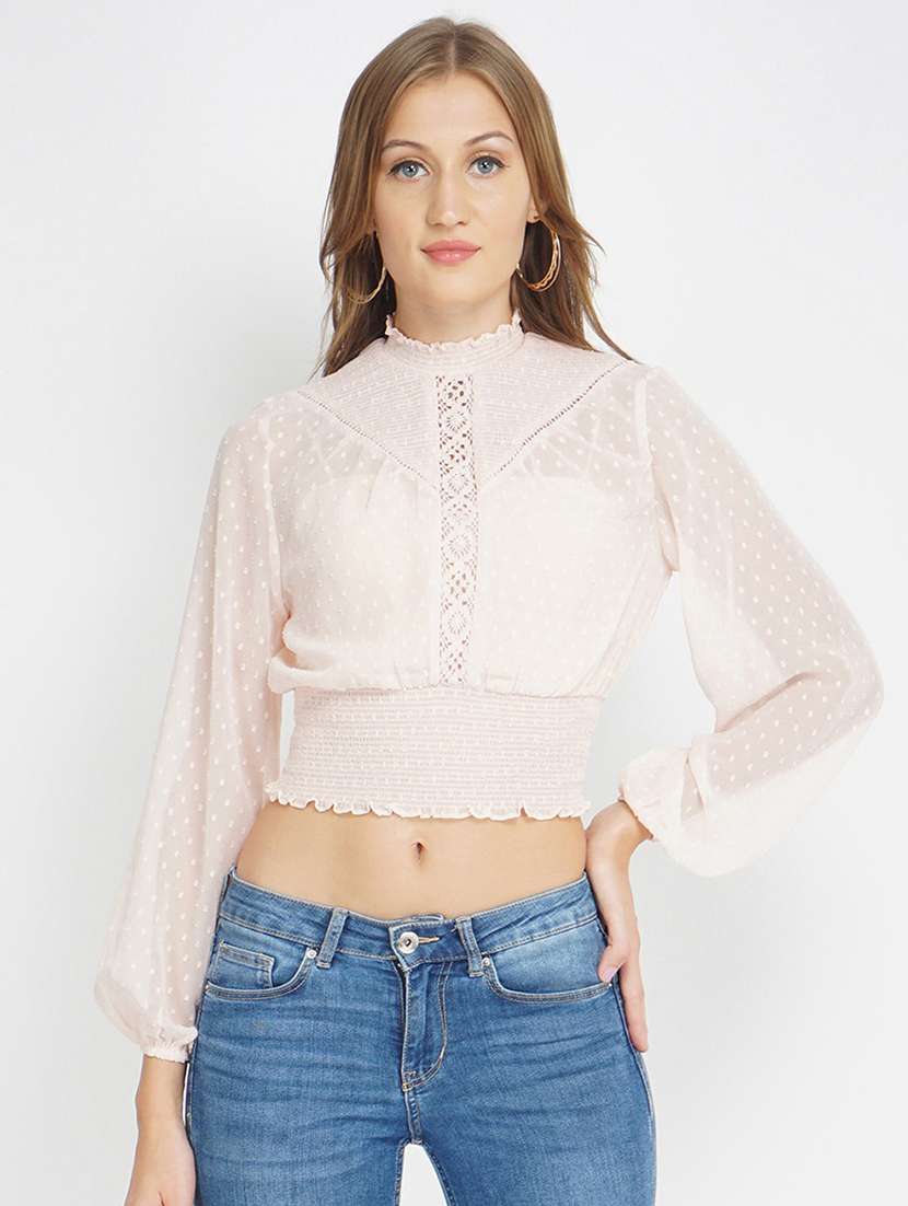 mock neck laced blouson top 