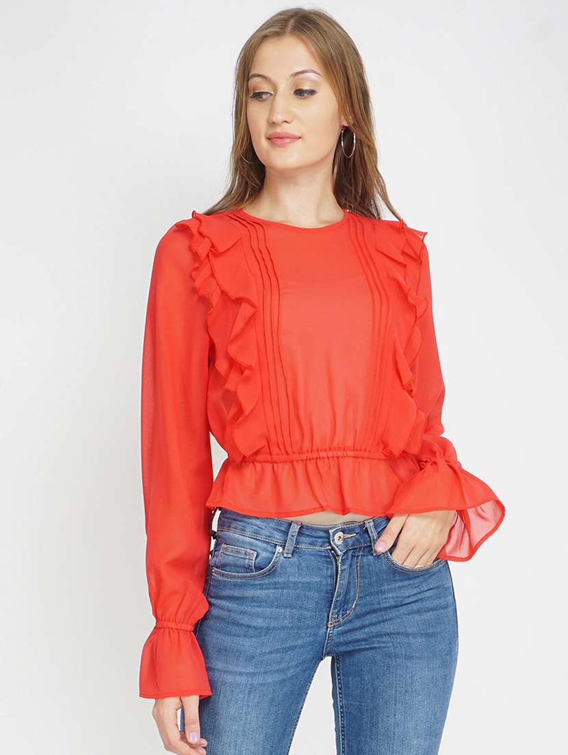 women's ruffle round neck top