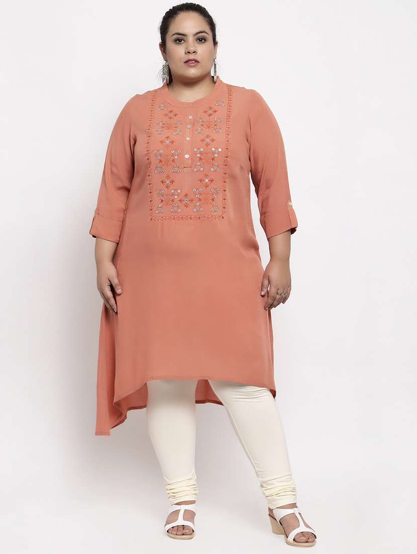 peach mandarin neck embroidered high-low kurta