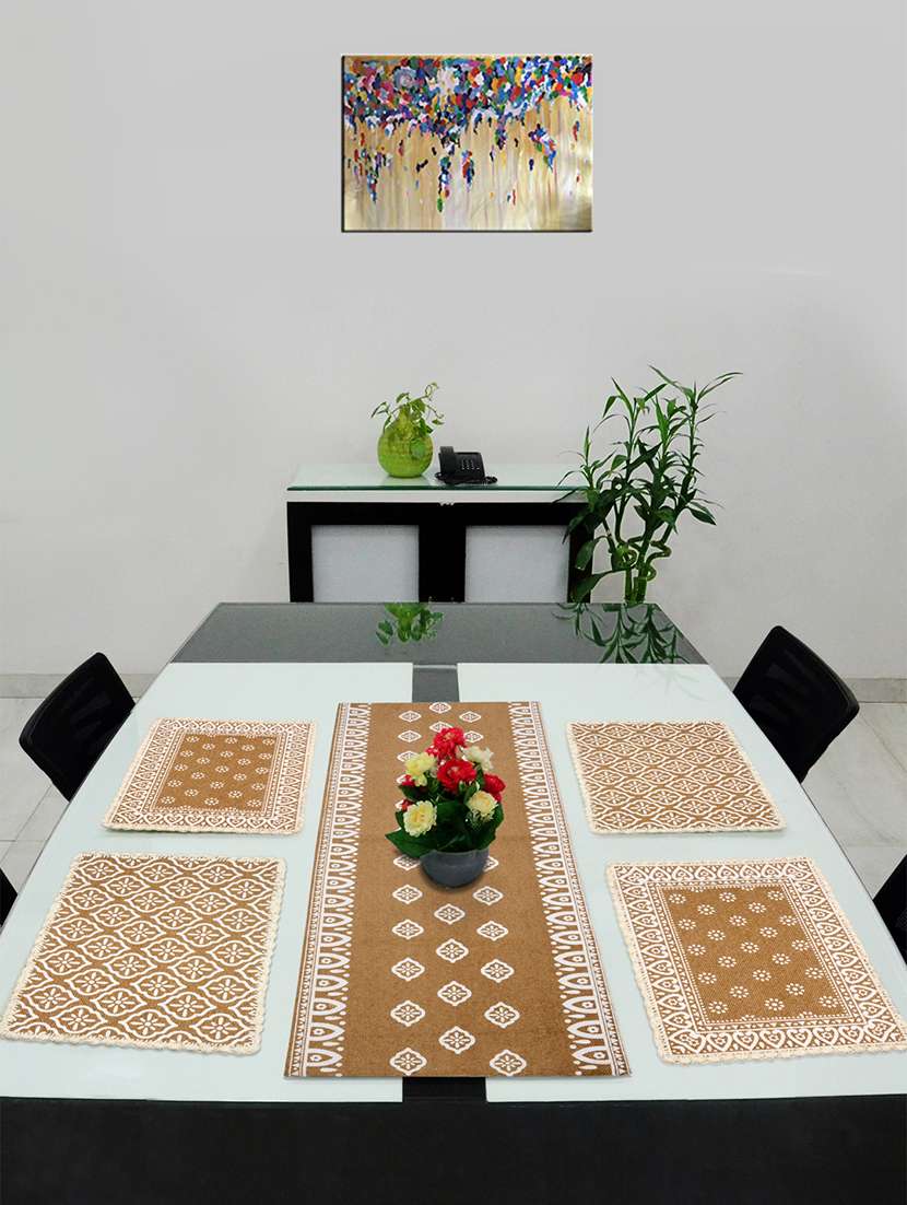 saral home cotton dining table placemats, 4 mat -33x45cm, 1 runner 33x120 cm (set of 5)