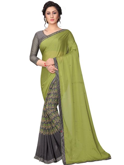 green georgette half and half saree with blouse - 17828498 - Standard Image - 0