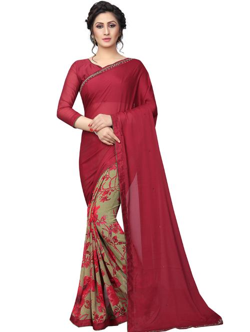 maroon georgette half and half saree with blouse - 17828501 - Standard Image - 0