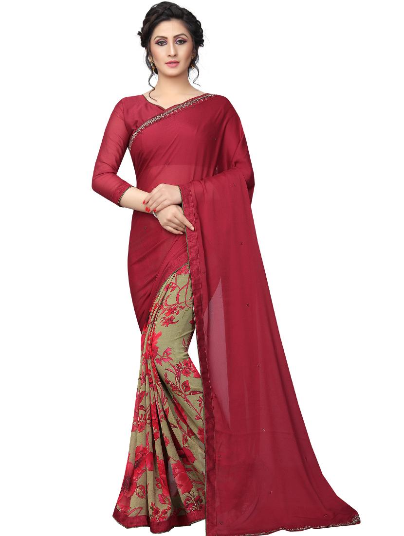 maroon georgette half and half saree with blouse - 17828501 - Zoom Image - 0