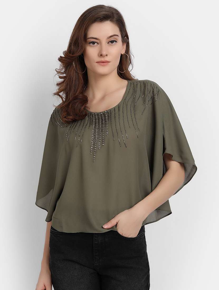 women green detailed round neck top