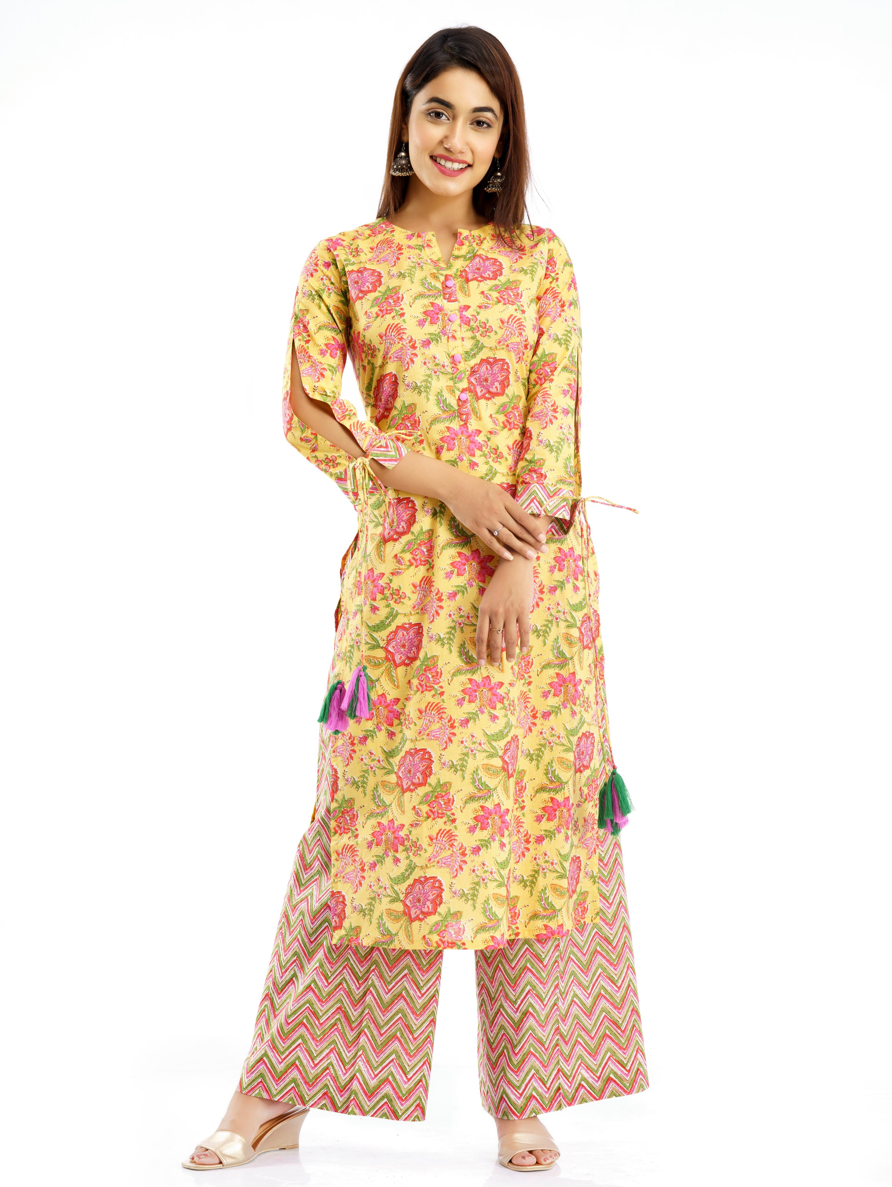 cotton floral print straight kurta palazzo set  - 17834992 -  Standard Image - 1