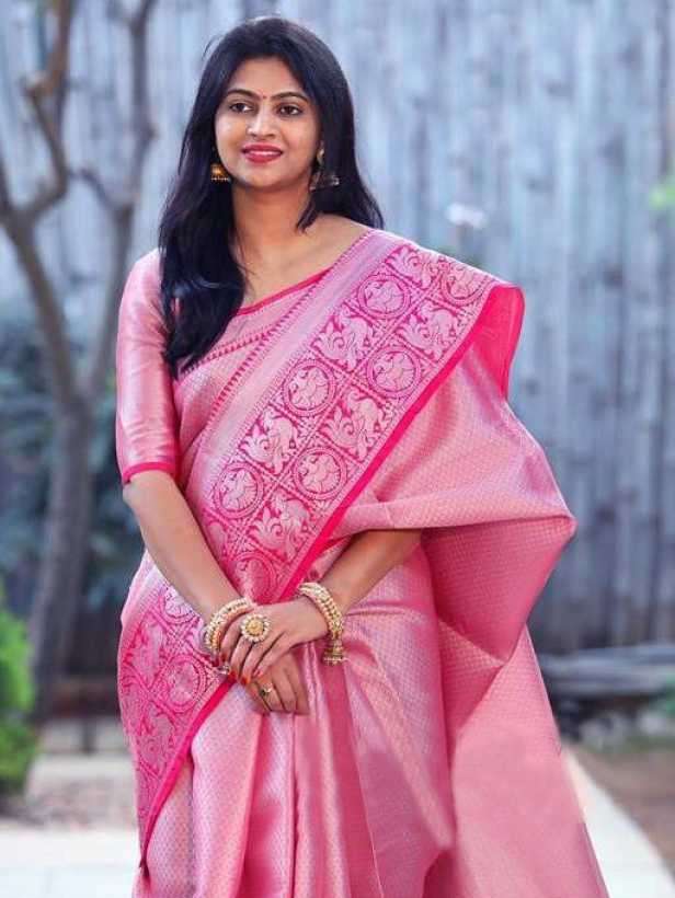 pink color banarasi silk saree for 