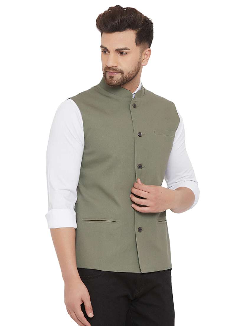 olive green solid nehru jacket - 17841125 -  Standard Image - 1