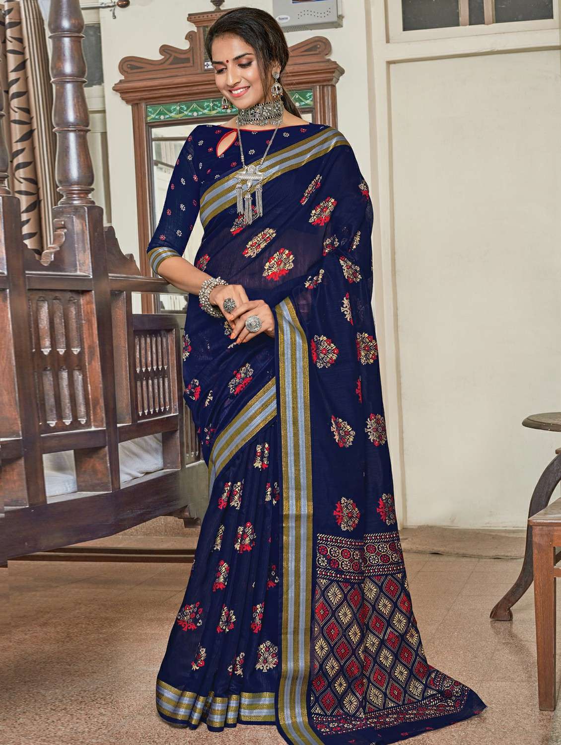 navy printed saree