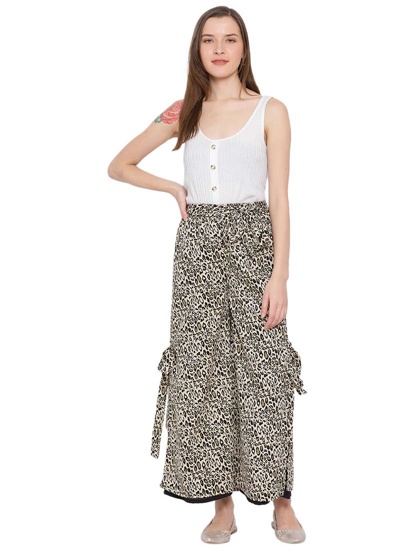Printed Flat Front Wide Leg Trouser