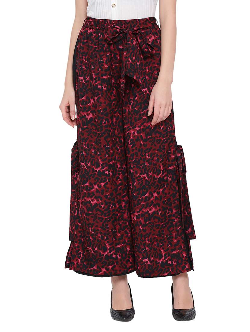 Printed Flat Front Wide Leg Trouser