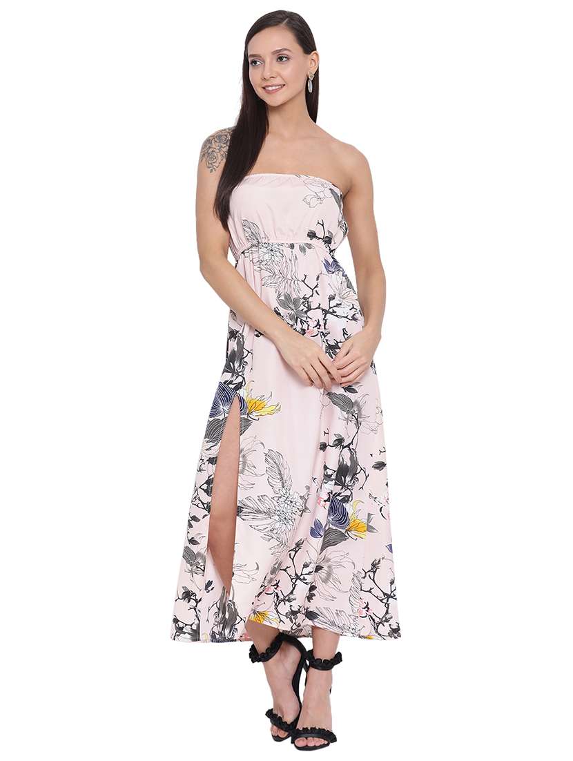 off shoulder floral high slit  dress