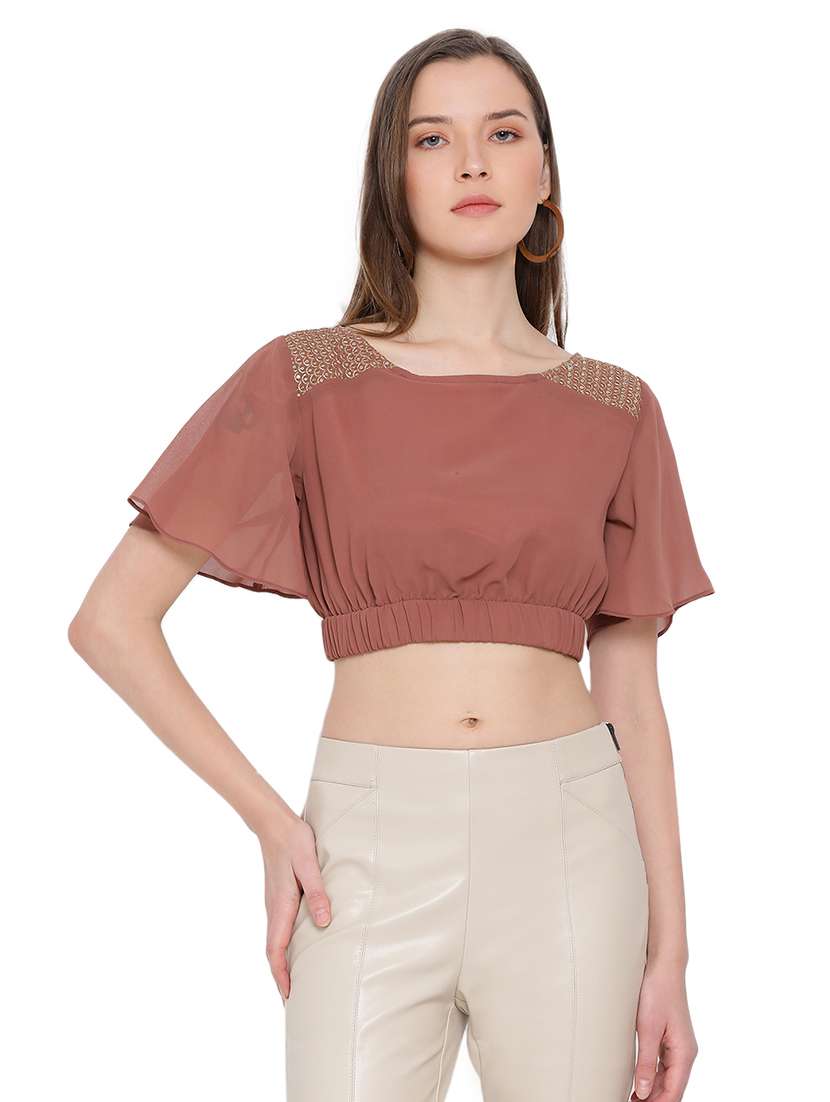 women's crop round neck top
