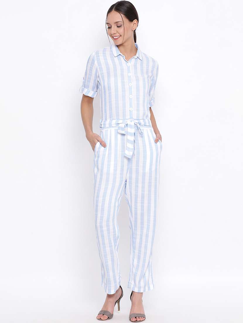 tie front striped full length jumpsuit