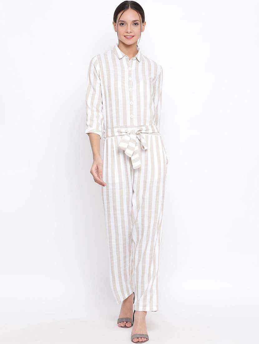 tie front striped full length jumpsuit