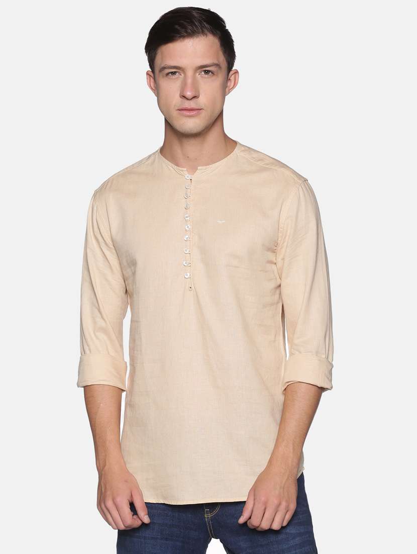 beige solid linen short kurta