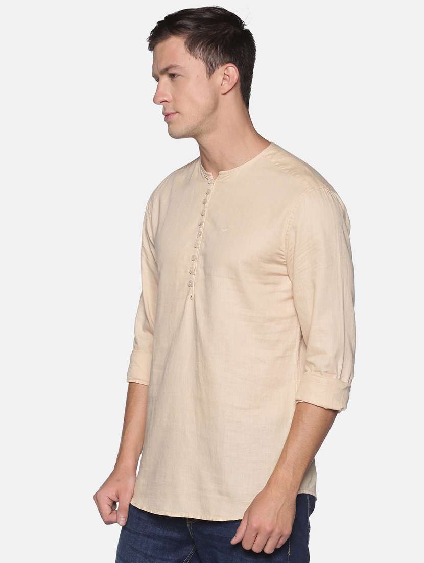 beige solid linen short kurta - 17844328 -  Standard Image - 1
