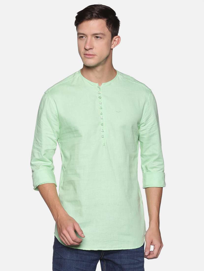 green solid linen short kurta