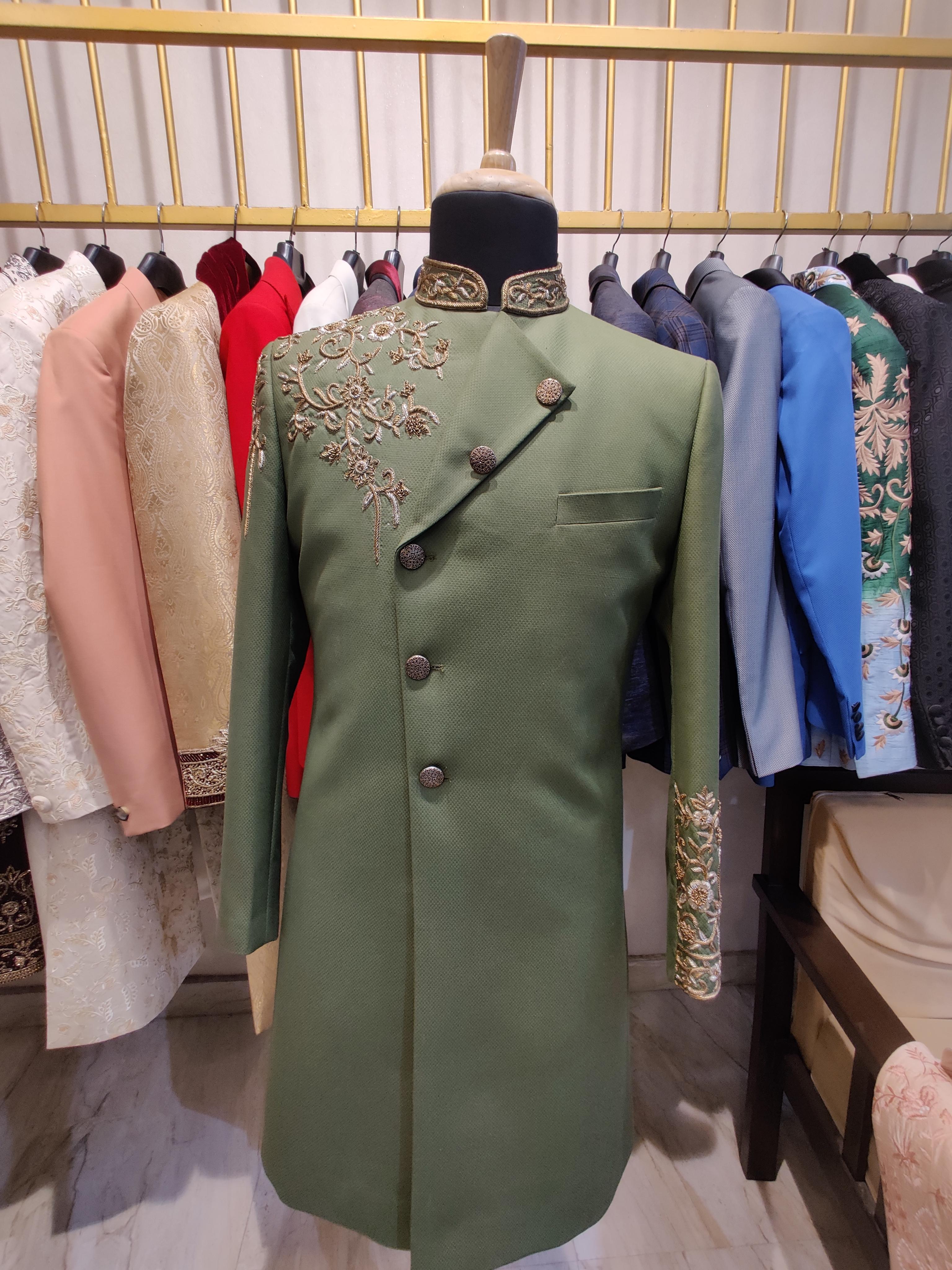 olive sherwani + pant cut - 17844478 - Standard Image - 1
