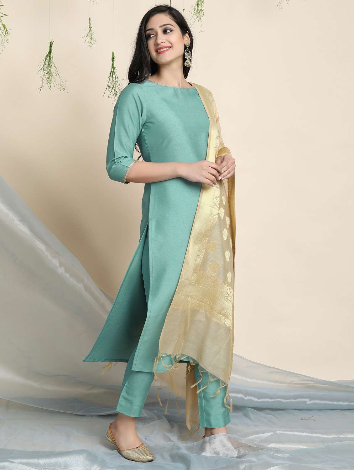 solid suit set with contrast dupatta - 17846040 -  Standard Image - 1