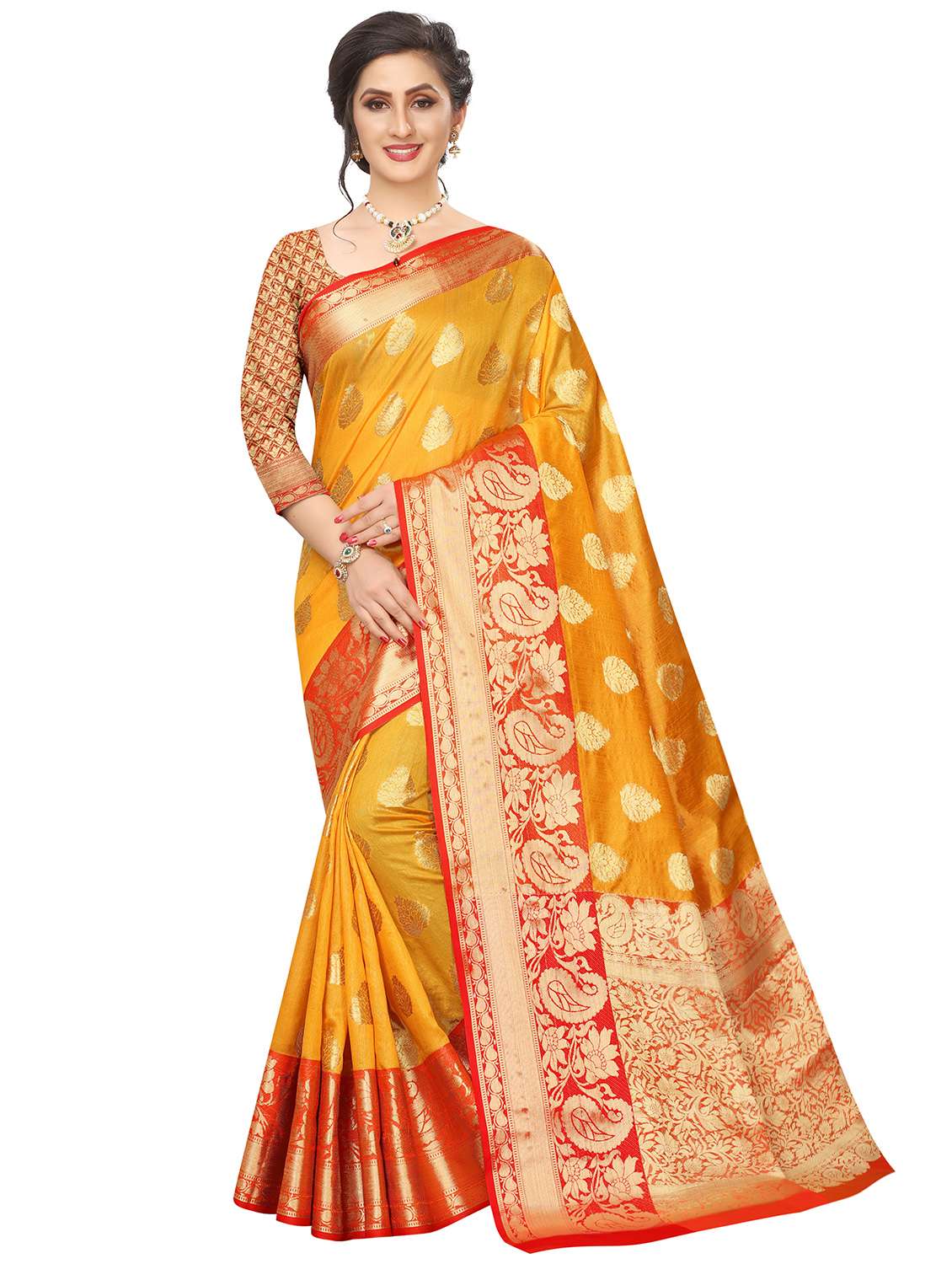 women's bordered mustard colored saree with blouse