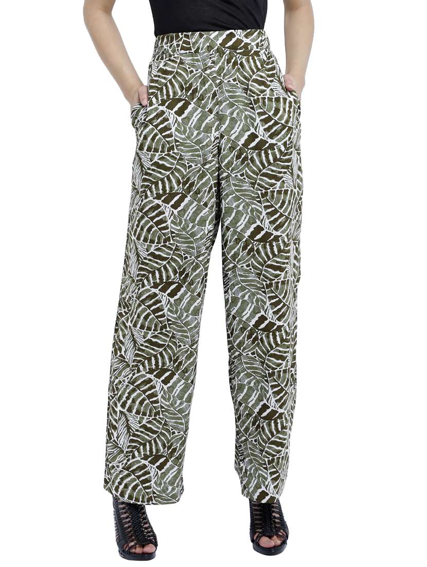 printed wide leg flat front trouser