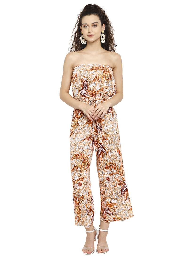 drawstring waist printed tube full leg jumpsuit