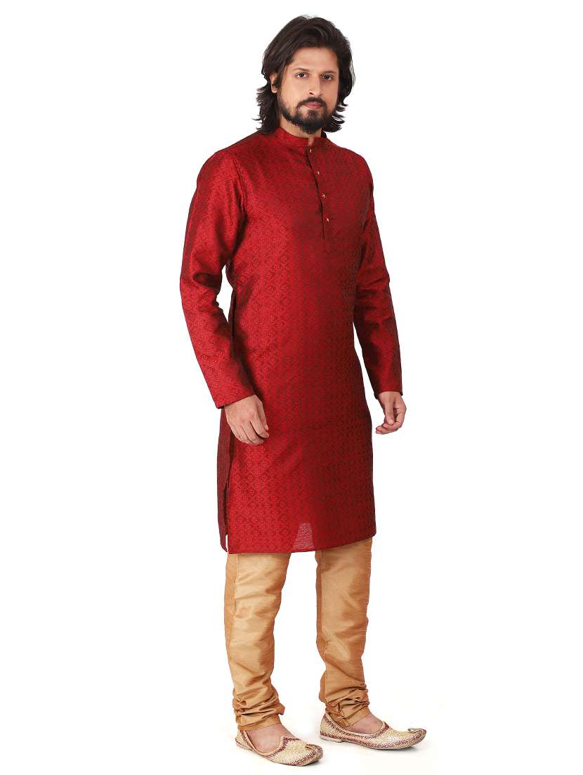 maroon jacquard kurta pyjama set - 17854159 -  Standard Image - 1