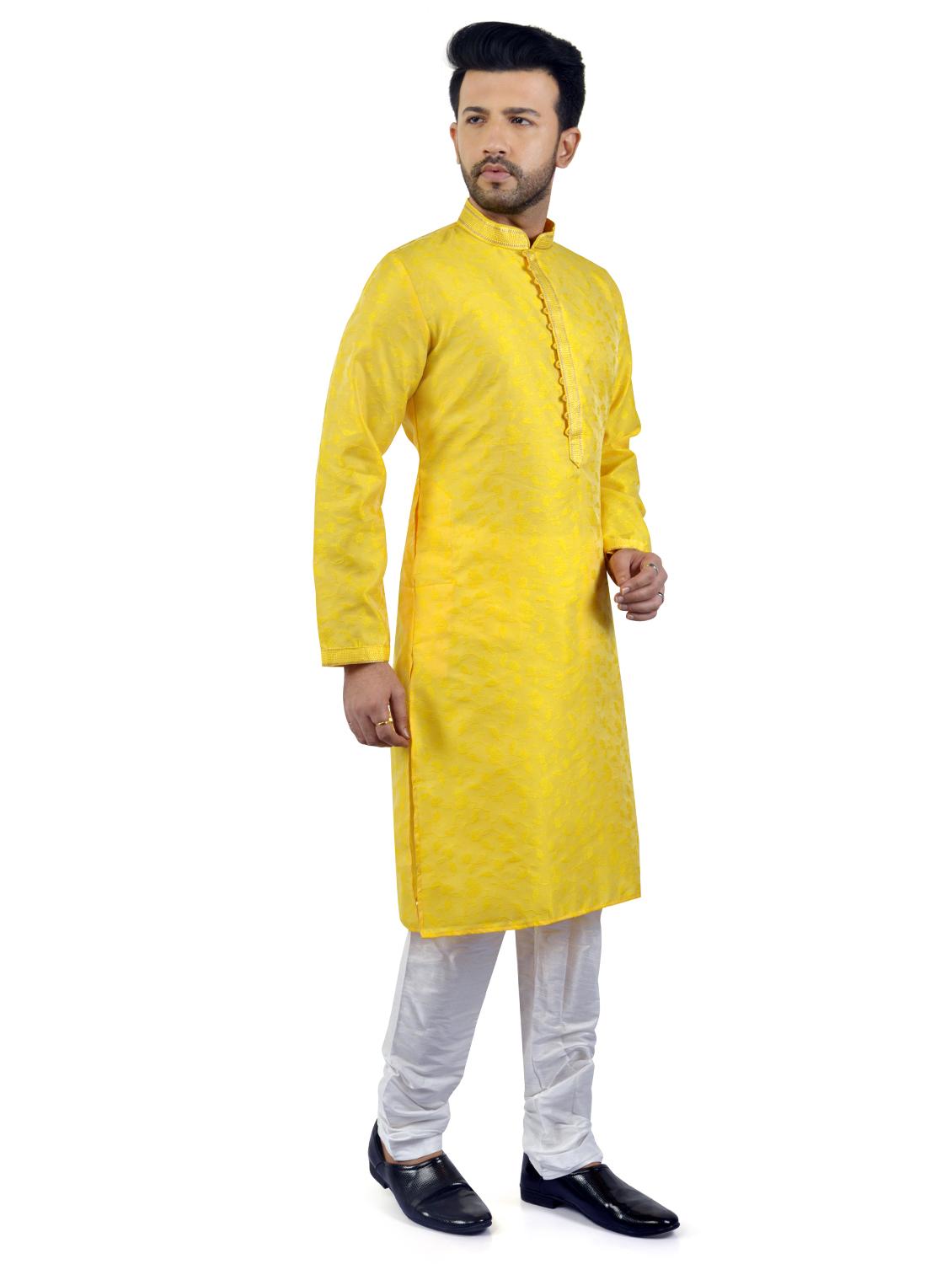 yellow jacquard kurta pyjama set - 17854164 - Standard Image - 1