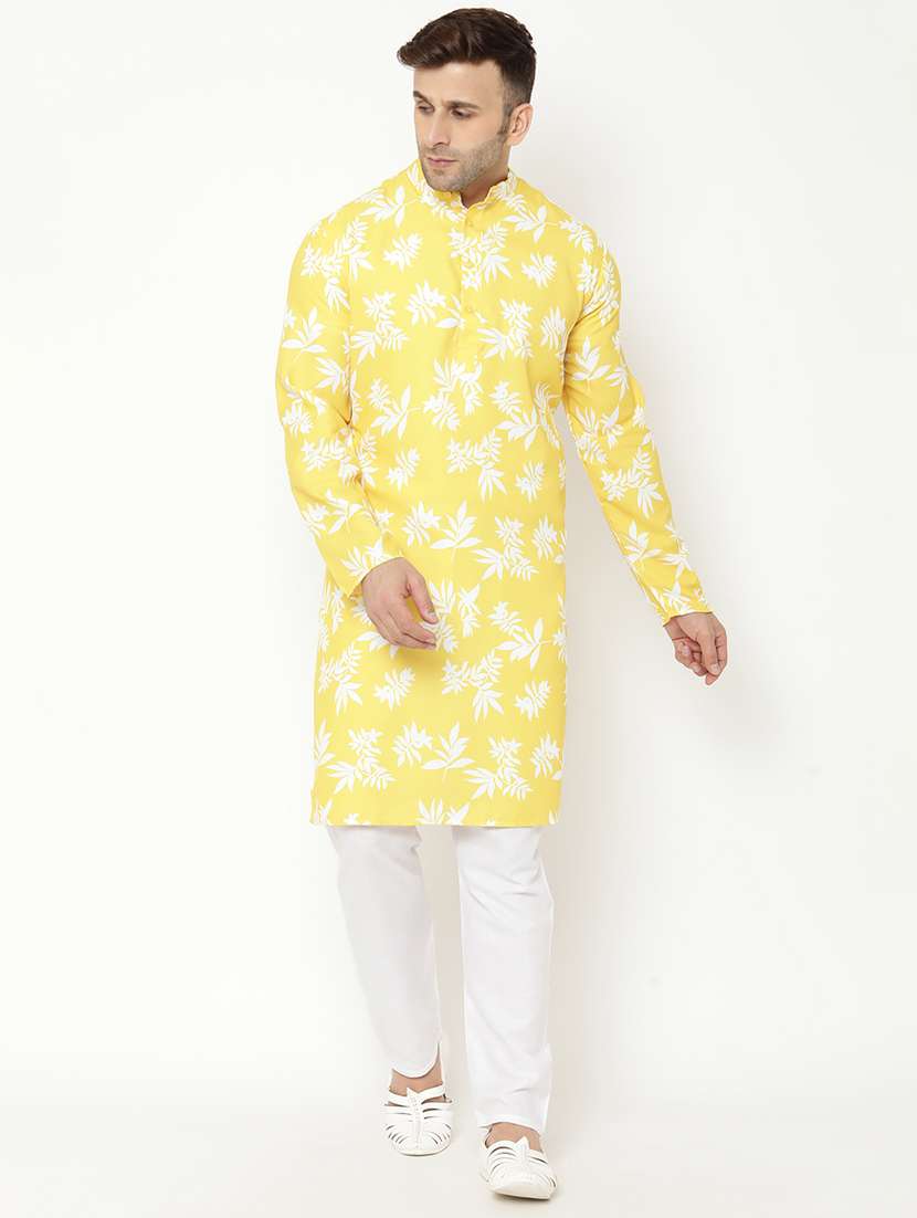 yellow printed kurta pyjama set 
