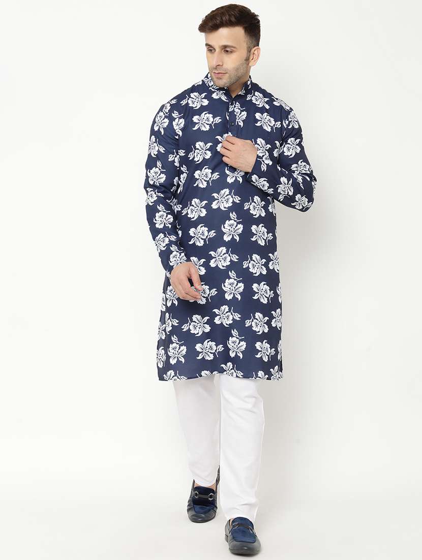 navy blue printed kurta pyjama set
