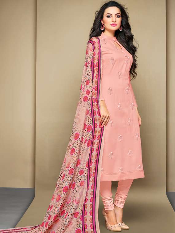 peach churidaar semi-stitched suit set