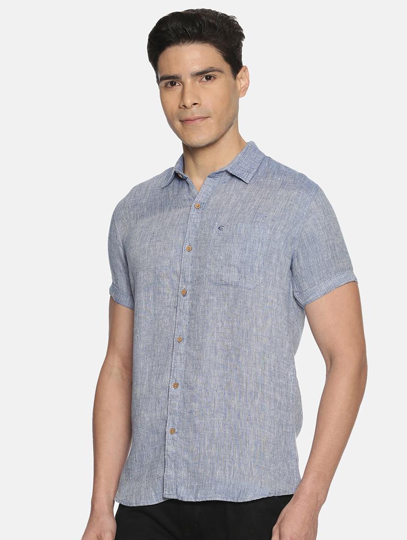 dark blue solid linen casual shirt - 17859259 - Standard Image - 1