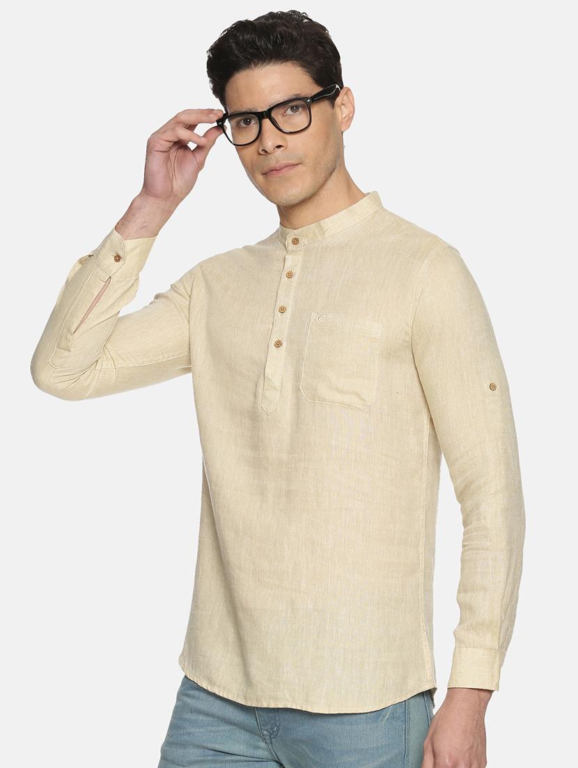 beige solid linen short kurta - 17860050 -  Standard Image - 1