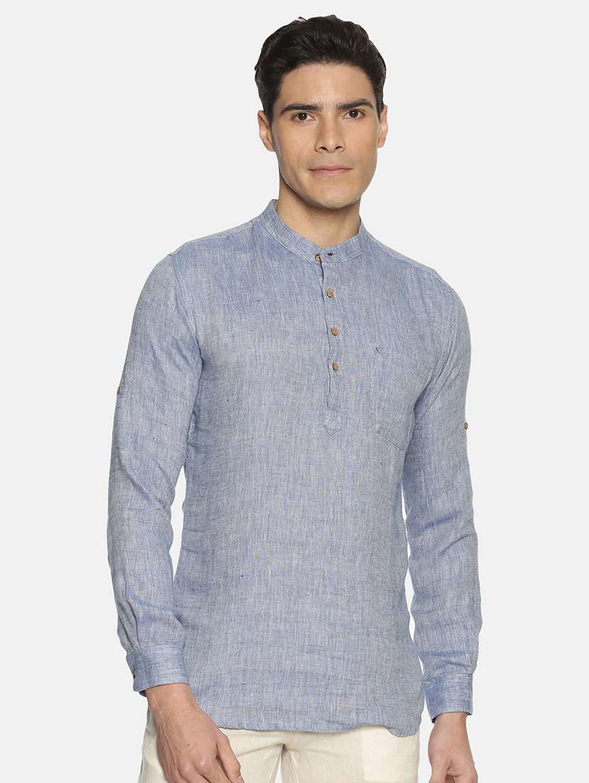 blue solid linen short kurta