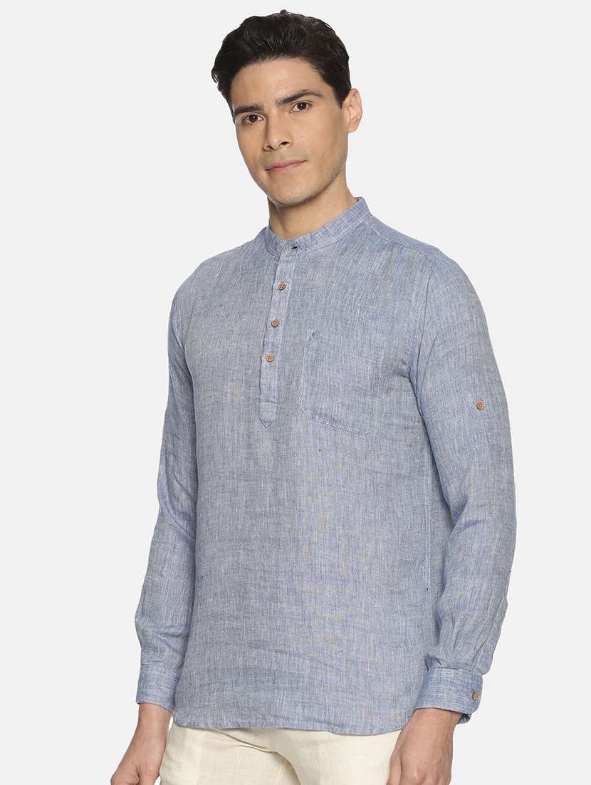 blue solid linen short kurta - 17860051 -  Standard Image - 1