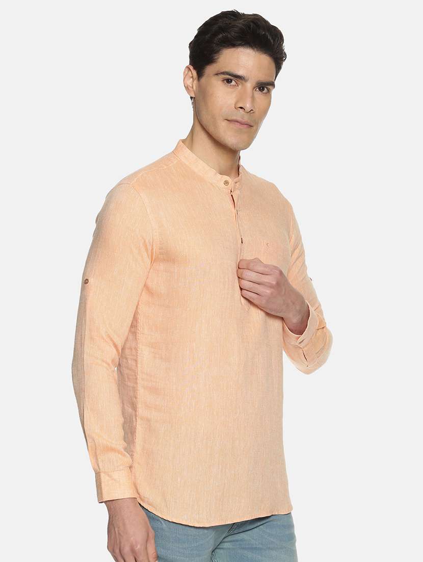 peach solid linen short kurta - 17860052 -  Standard Image - 1